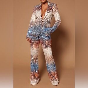 Stunning sequin gold/white/blue flare leg pants